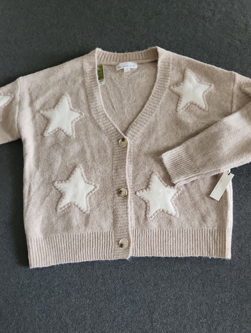 Threaded Leaf Women's Star Motif V-Neck Cardigan Beige Size Small Oversized NEW
